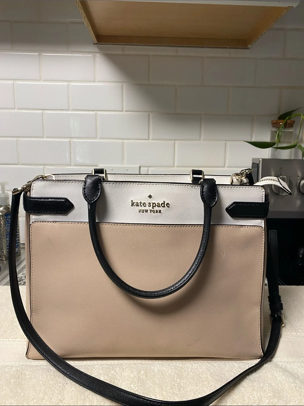 kate spade Two-Tone Beige, White & Black Leather Satchel